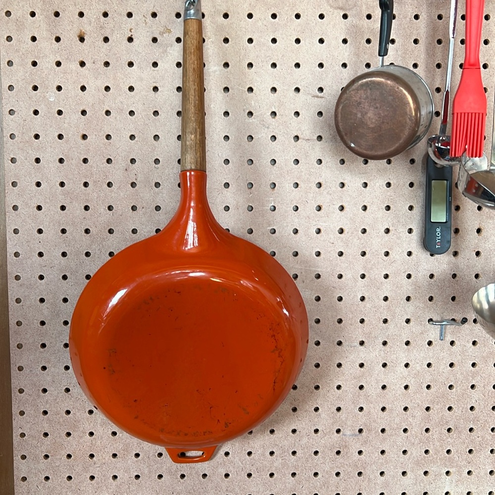 Vintage Cast Iron Enamelware MCM orange 10” Skillet Pan mid century modern
